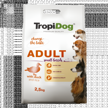 TropiDog, hrana uscata Premium Talie mica cu Rata si orez, 2.5 kg