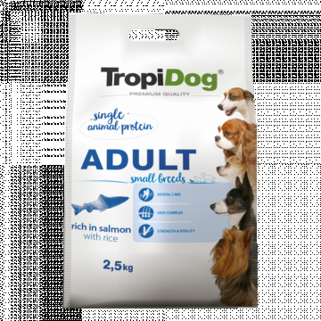 TropiDog, hrana uscata Premium Talie mica cu Somon si orez, 2.5 kg