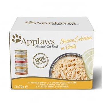 APPLAWS Chicken Selection Multipack, 3 arome (Pui și Dovleac, Pui și Asparagus, Pui și Orez), pachet mixt, plic hrană umedă pisici, 70g x 12