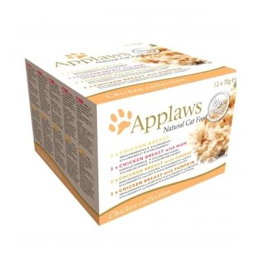 APPLAWS Chicken Selection Multipack, 4 arome ( Pui, Pui și Șuncă, Pui și Dovleac, Pui și Brânză), pachet mixt, conservă hrană umedă pisici, 70g x 12