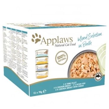 APPLAWS Supreme Collection Multipack, 4 arome (Ton, Pui, Peste Oceanic, Pui și Brânză), pachet mixt, conservă hrană umedă pisici, 70g x 12