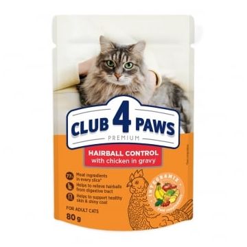 CLUB 4 PAWS Premium Hairball Control, Pui, plic hrană umedă pisici, limitarea ghemurilor de blană, (în sos), 80g