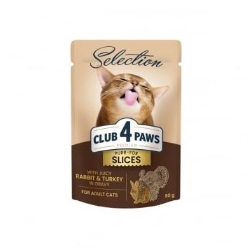 CLUB 4 PAWS Premium Plus Selection, Iepure și Curcan, plic hrană umedă pisici, (în sos), 80g