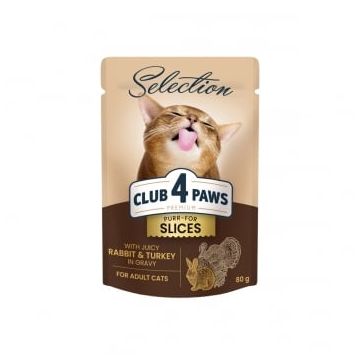 CLUB 4 PAWS Premium Plus Selection, Iepure și Curcan, plic hrană umedă pisici, (în sos), 80g CLUB 4 PAWS Premium Plus Selection, Iepure și Curcan, plic hrană umedă pisici, (în sos), 80g