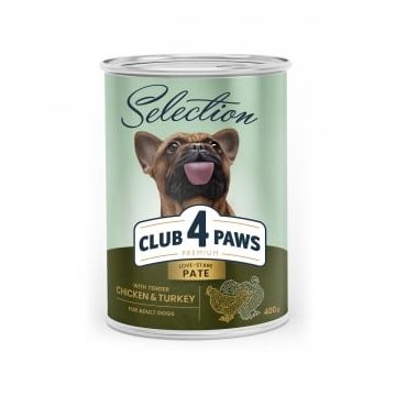 CLUB 4 PAWS Premium , Pui și Curcan, conservă hrană umedă câini, (pate), 400g