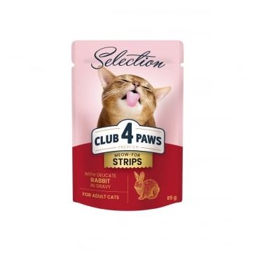 CLUB 4 PAWS Premium Selection Stripsuri, Iepure, plic hrană umedă pisici, (în sos), 85g