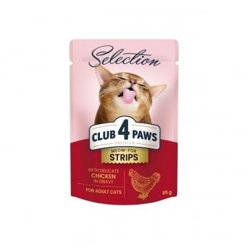 CLUB 4 PAWS Premium Selection Stripsuri, Pui, plic hrană umedă pisici, (în sos), 85g
