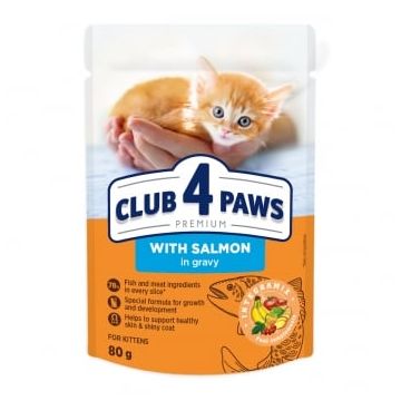 CLUB 4 PAWS Premium , Somon, plic hrană umedă pisici junior, (în sos), 80g