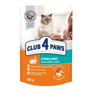 CLUB 4 PAWS Premium Sterilised, Iepure, plic hrană umedă pisici sterilizate, (în aspic), 80g