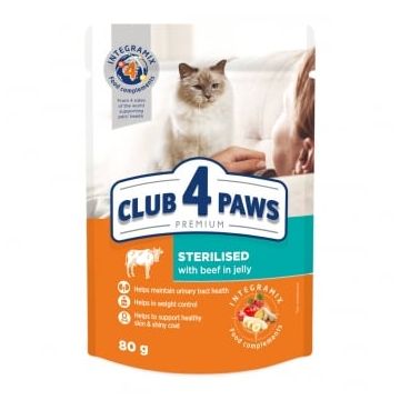 CLUB 4 PAWS Premium Sterilised, Vită, plic hrană umedă pisici sterilizate, (în aspic), 80g