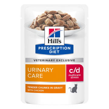 HILL'S PRESCRIPTION DIET c/d, Pui, dietă veterinară, plic hrană umedă pisici, sistem urinar, sistem nervos & calmante, (în sos), bax, 85g x 12buc