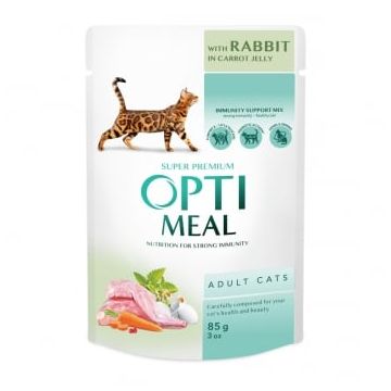 OPTIMEAL, Iepure și Morcov, plic hrană umedă pisici, piele & blană, (în aspic), 85g