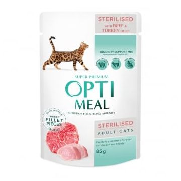 OPTIMEAL, Vită și Curcan, plic hrană umedă pisici sterilizate, (în aspic), 85g