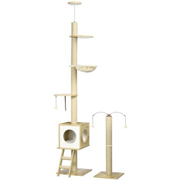 PawHut Ansamblu pentru pisici din PAL reglabil cu stalp de zgariat pentru pisici, 40x40x225-285cm | AOSOM RO