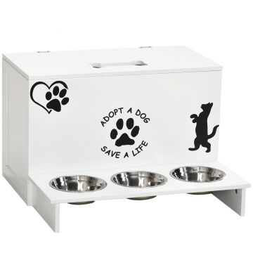 PawHut Set de 3 boluri pentru caini 500 ml cu spatiu de depozitare din MDF si suport din otel inoxidabil, 57x53x37,5 cm, alb | AOSOM RO
