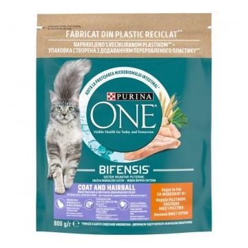 PURINA One Coat & Hairball, Pui, hrană uscată pisici, limitarea ghemurilor de blană, 800g