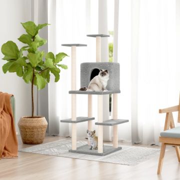 vidaXL Ansamblu pisici, stâlpi din funie sisal, gri deschis, 144,5 cm