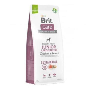 BRIT Care Sustainable Junior Large Breed, L-XL, Pui și Insecte, hrană uscată câini junior, sistem digestiv, 12kg