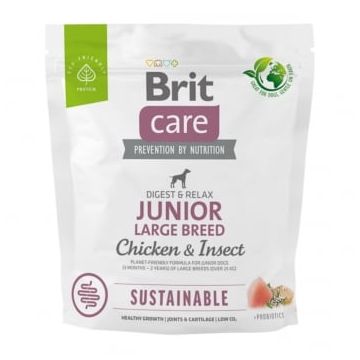 BRIT Care Sustainable Junior Large Breed, L-XL, Pui și Insecte, hrană uscată câini junior, sistem digestiv, 1kg