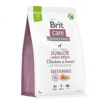 BRIT Care Sustainable Junior Large Breed, L-XL, Pui și Insecte, hrană uscată câini junior, sistem digestiv, 3kg