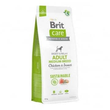 BRIT Care Sustainable Adult Medium Breed, M, Pui și Insecte, hrană uscată câini, sistem digestiv, 12kg