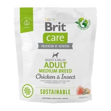 BRIT Care Sustainable Adult Medium Breed, M, Pui și Insecte, hrană uscată câini, sistem digestiv, 1kg