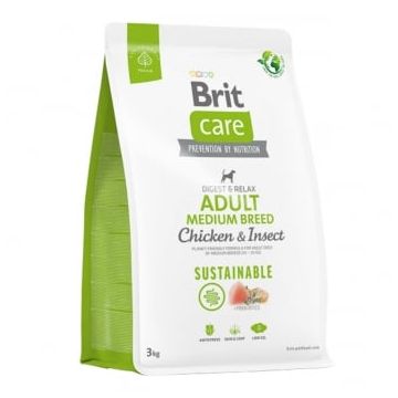 BRIT Care Sustainable Adult Medium Breed, M, Pui și Insecte, hrană uscată câini, sistem digestiv, 3kg