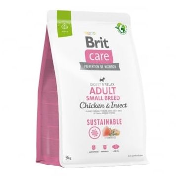 BRIT Care Sustainable Adult Small Breed, XS-S, Pui și Insecte, hrană uscată câini, sistem digestiv, 3kg