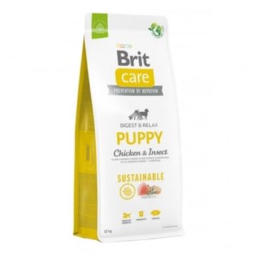 BRIT Care Sustainable Puppy, XS-XL, Pui și Insecte, hrană uscată câini junior, sistem digestiv, 12kg