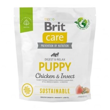 BRIT Care Sustainable Puppy, XS-XL, Pui și Insecte, hrană uscată câini junior, sistem digestiv, 1kg