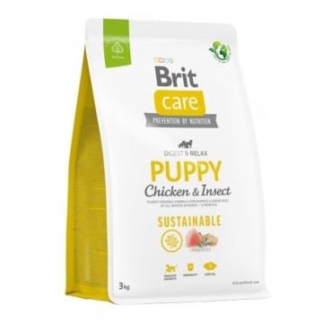 BRIT Care Sustainable Puppy, XS-XL, Pui și Insecte, hrană uscată câini junior, sistem digestiv, 3kg