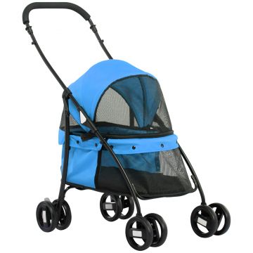 Carucior pentru caini pliabil cu plafon reglabil, geanta si roti mobile, 82x47x97cm, albastru