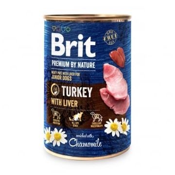 BRIT Premium By Nature Junior, Curcan și Ficat, conservă hrană umedă fără cereale câini, (pate), 800g