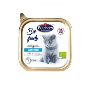 BUTCHER'S Bio Foods, Pește, tăviță hrană umedă bio pisici, (pate), 85g