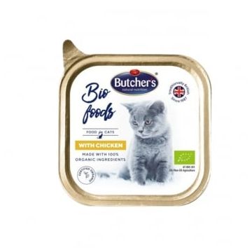 BUTCHER'S Bio Foods, Pui, tăviță hrană umedă bio pisici, (pate), 85g