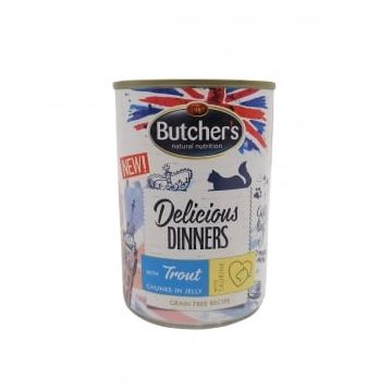 BUTCHER'S Delicious Dinners, Păstrăv, conservă hrană umedă fără cereale pisici, (în aspic), 400g