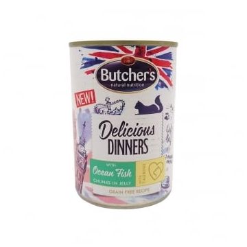 BUTCHER'S Delicious Dinners, Pește, conservă hrană umedă fără cereale pisici, (în aspic), 400g