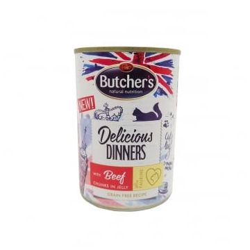 BUTCHER'S Delicious Dinners, Vită, conservă hrană umedă fără cereale pisici, (în aspic), 400g