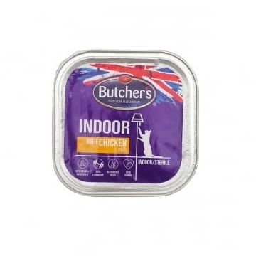 BUTCHER'S Functional Indoor, Pui, tăviță hrană umedă fără cereale pisici sterilizate, (pate), 100g