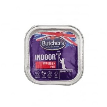 BUTCHER'S Functional Indoor, Vită, tăviță hrană umedă fără cereale pisici sterilizate, (pate), 100g