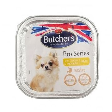 BUTCHER'S Pro Series Sensitive, XS-S, Pui și Legume, tăviță hrană umedă câini, sistem digestiv, (pate), 100g