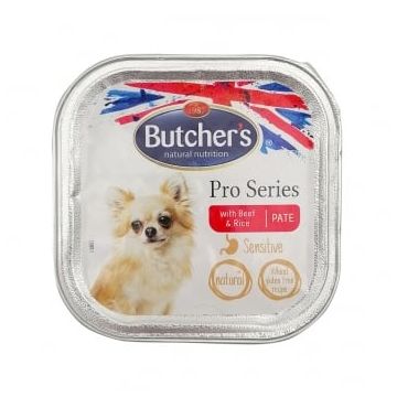 BUTCHER'S Pro Series Sensitive , XS-S, Vită și Orez, tăviță hrană umedă câini, sistem digestiv, (pate), 100g