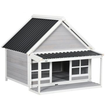 Casa pentru caini PawHut din lemn cu veranda, rezistenta la intemperii, acoperis din PVC | Aosom Romania
