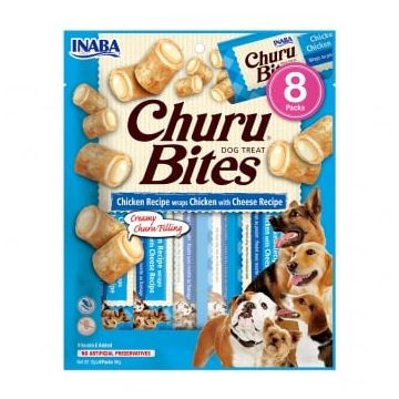 INABA Churu Bites, Pui cu Brânză, recompense fără cereale câini, pernute umplute, 12g x 8