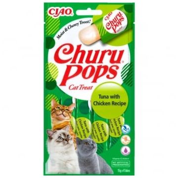 INABA Churu Pops, Ton și Pui, punguță recompense fără cereale pisici, (topping), 60g