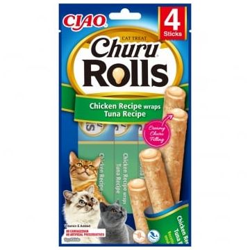 INABA Churu Rolls, Pui și Ton, punguță recompense fără cereale pisici, semimoist, 40g