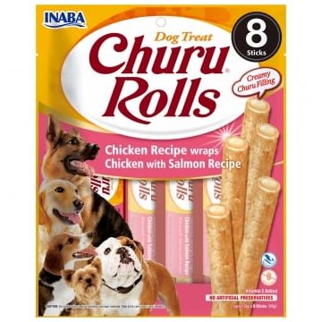 INABA Churu Rolls, XS-XL, Pui și Somon, punguță recompense fără cereale câini, semimoist, 92g