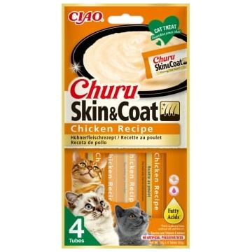 INABA Churu Skin&Coat, Pui, plic recompense funcționale fără cereale pisici, piele & blană, (topping), 56g