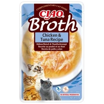 INABA Ciao Broth , Pui și Ton, plic hrană umedă fără cereale pisici, (în supă), 40g