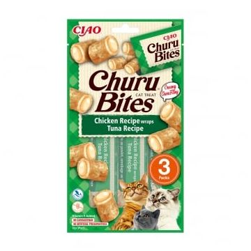 INABA CIAO Churu Bites, Pui și Ton, recompense fără cereale pisici, pernute umplute, 10g x 3